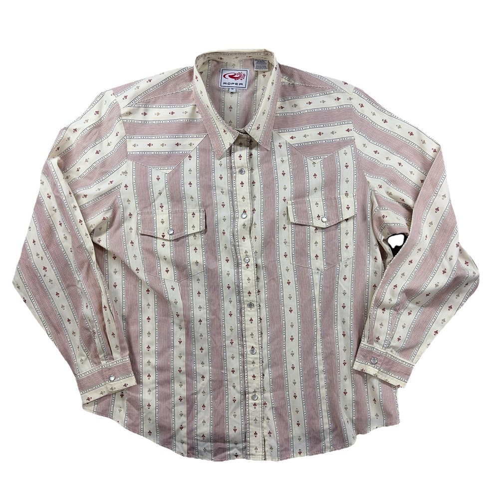 Roper Western Snap Shirt Women 1X Red White Striped Aztec Geometric Pearl Snap